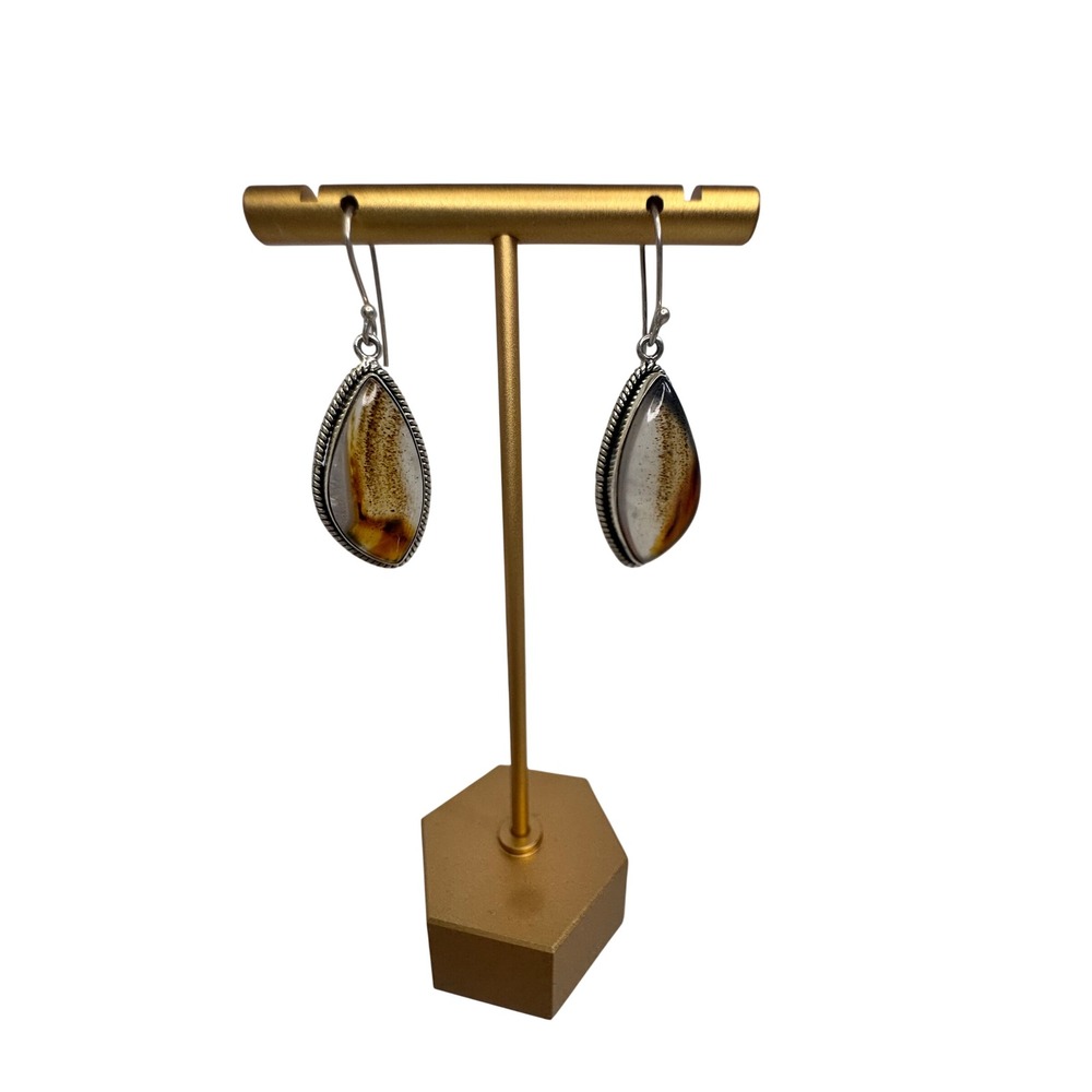 Sterling Silver 925 Dendritic Agate Jasper‎ Teardrop Drop Earrings Boho Gemstone